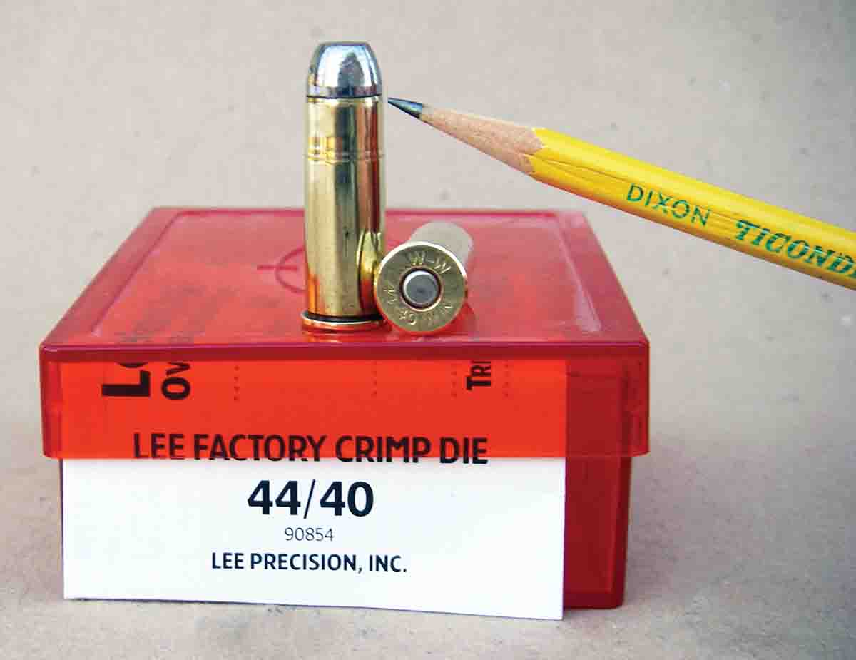 Obtaining a proper crimp on .44-40 Winchester cartridges used in rifles with a tubular magazine is critical to keep bullets from becoming deep seated. This cartridge has been roll crimped, using the Lee Factory Crimp Die.